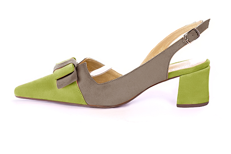 Pistachio green and taupe brown women's open back shoes, with a knot. Tapered toe. Medium block heels. Profile view - Florence KOOIJMAN